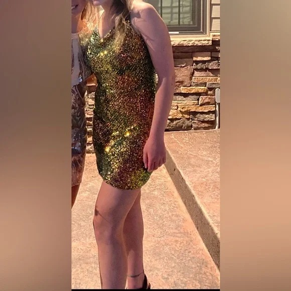 Dresses | Crisscross Back Black And Rainbow Sequin Homecoming Dress |  Poshmark